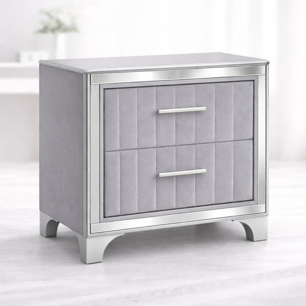 English Elm Contemporary Acrylic Panel Nightstand with Upholstered Drawers and Silver Metal Legs W1867P383020