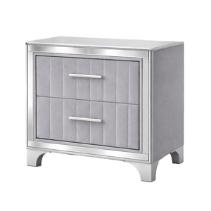 English Elm Contemporary Acrylic Panel Nightstand with Upholstered Drawers and Silver Metal Legs W1867P383020