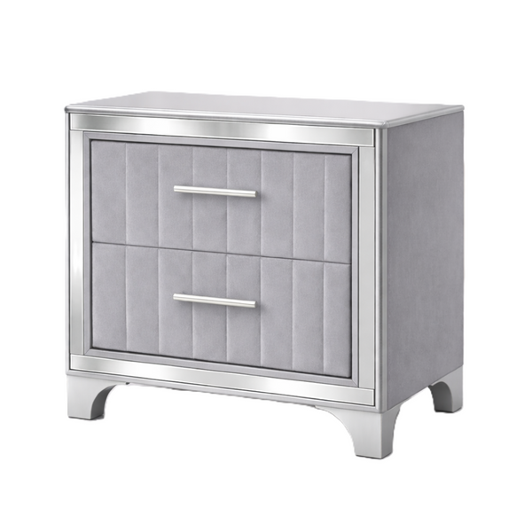 English Elm Contemporary Acrylic Panel Nightstand with Upholstered Drawers and Silver Metal Legs W1867P383020