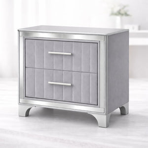 English Elm Contemporary Acrylic Panel Nightstand with Upholstered Drawers and Silver Metal Legs W1867P383020