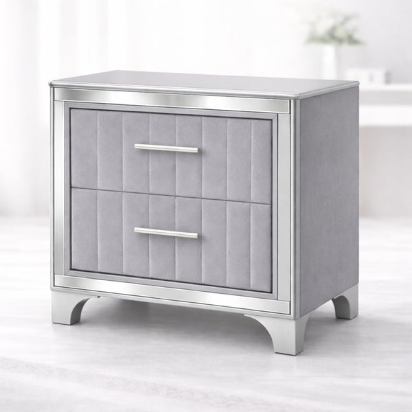 English Elm Contemporary Acrylic Panel Nightstand with Upholstered Drawers and Silver Metal Legs W1867P383020