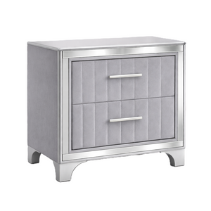 English Elm Contemporary Acrylic Panel Nightstand with Upholstered Drawers and Silver Metal Legs W1867P383020