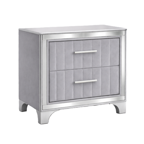 English Elm Contemporary Acrylic Panel Nightstand with Upholstered Drawers and Silver Metal Legs W1867P383020