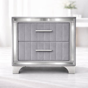 English Elm Contemporary Acrylic Panel Nightstand with Upholstered Drawers and Silver Metal Legs W1867P383020