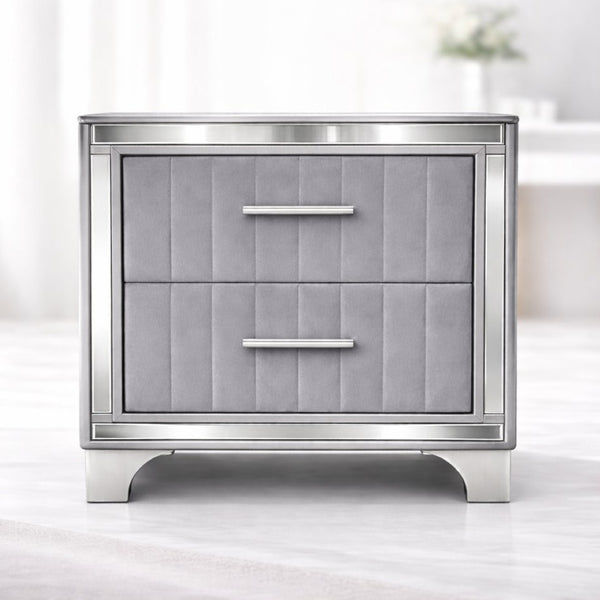 English Elm Contemporary Acrylic Panel Nightstand with Upholstered Drawers and Silver Metal Legs W1867P383020