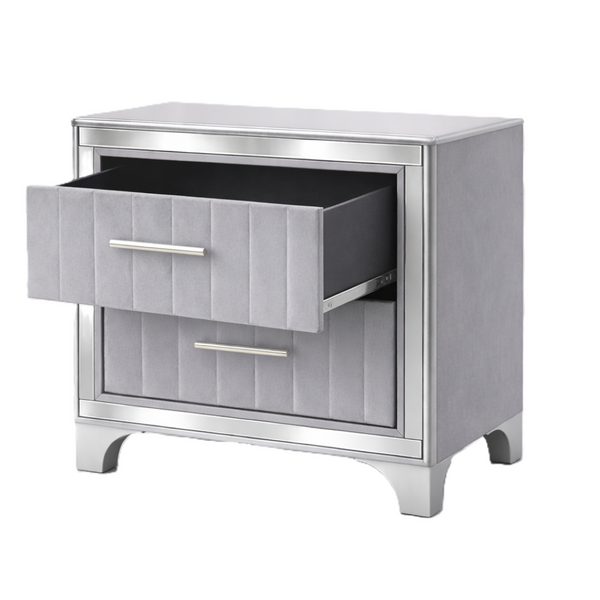 English Elm Contemporary Acrylic Panel Nightstand with Upholstered Drawers and Silver Metal Legs W1867P383020