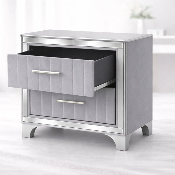 English Elm Contemporary Acrylic Panel Nightstand with Upholstered Drawers and Silver Metal Legs W1867P383020