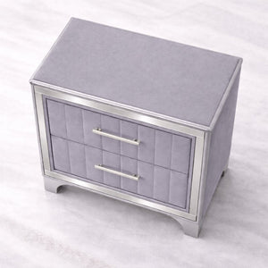 English Elm Contemporary Acrylic Panel Nightstand with Upholstered Drawers and Silver Metal Legs W1867P383020