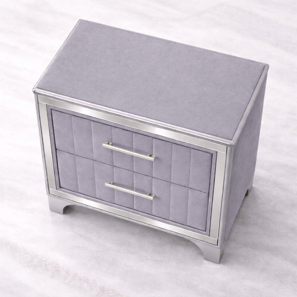 English Elm Contemporary Acrylic Panel Nightstand with Upholstered Drawers and Silver Metal Legs W1867P383020