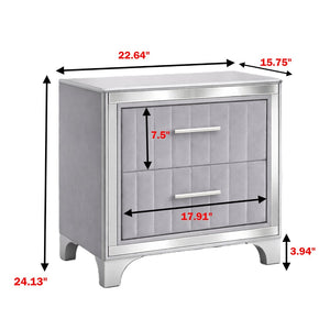 English Elm Contemporary Acrylic Panel Nightstand with Upholstered Drawers and Silver Metal Legs W1867P383020