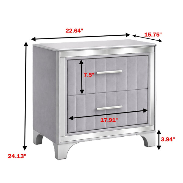 English Elm Contemporary Acrylic Panel Nightstand with Upholstered Drawers and Silver Metal Legs W1867P383020