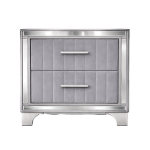English Elm Contemporary Acrylic Panel Nightstand with Upholstered Drawers and Silver Metal Legs W1867P383020