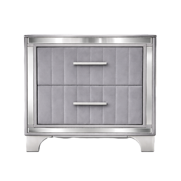 English Elm Contemporary Acrylic Panel Nightstand with Upholstered Drawers and Silver Metal Legs W1867P383020