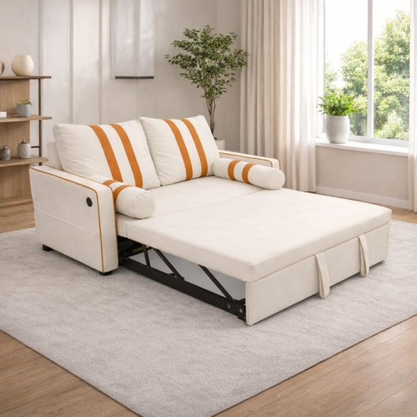 English Elm Beige Linen Look Convertible Sleeper Loveseat with USB Port and Adjustable Backrest W1867S00018