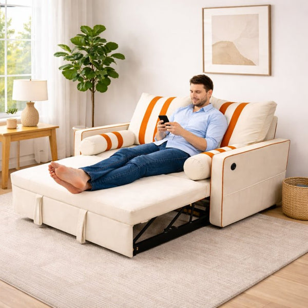 English Elm Beige Linen Look Convertible Sleeper Loveseat with USB Port and Adjustable Backrest W1867S00018