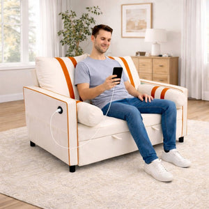 English Elm Beige Linen Look Convertible Sleeper Loveseat with USB Port and Adjustable Backrest W1867S00018