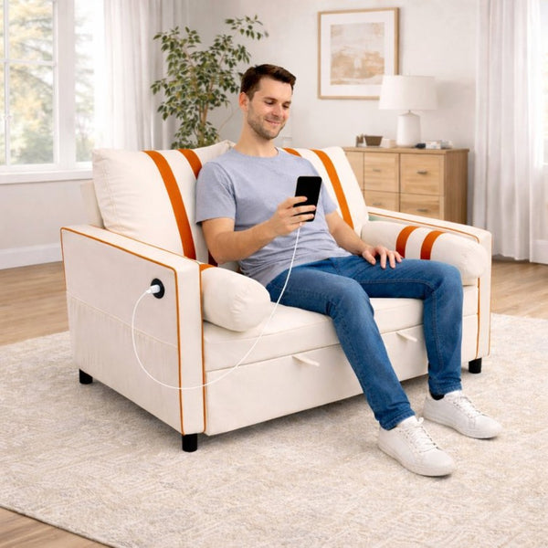 English Elm Beige Linen Look Convertible Sleeper Loveseat with USB Port and Adjustable Backrest W1867S00018