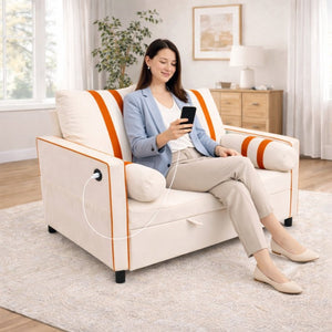 English Elm Beige Linen Look Convertible Sleeper Loveseat with USB Port and Adjustable Backrest W1867S00018