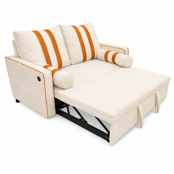 English Elm Beige Linen Look Convertible Sleeper Loveseat with USB Port and Adjustable Backrest W1867S00018