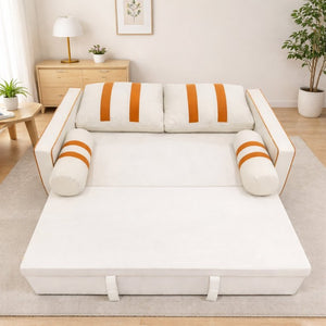 English Elm Beige Linen Look Convertible Sleeper Loveseat with USB Port and Adjustable Backrest W1867S00018