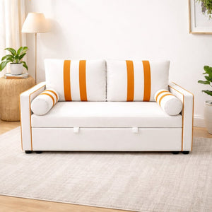 English Elm Beige Linen Look Convertible Sleeper Loveseat with USB Port and Adjustable Backrest W1867S00018