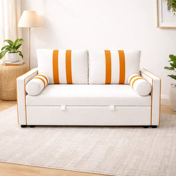 English Elm Beige Linen Look Convertible Sleeper Loveseat with USB Port and Adjustable Backrest W1867S00018