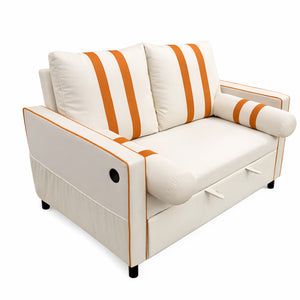 English Elm Beige Linen Look Convertible Sleeper Loveseat with USB Port and Adjustable Backrest W1867S00018
