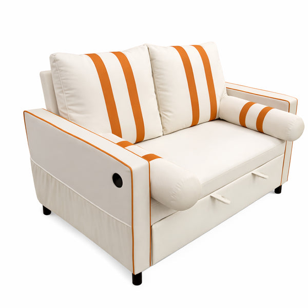 English Elm Beige Linen Look Convertible Sleeper Loveseat with USB Port and Adjustable Backrest W1867S00018