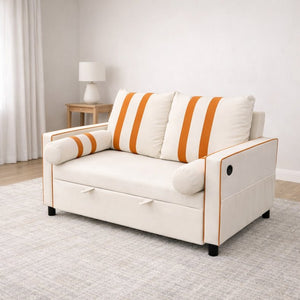 English Elm Beige Linen Look Convertible Sleeper Loveseat with USB Port and Adjustable Backrest W1867S00018