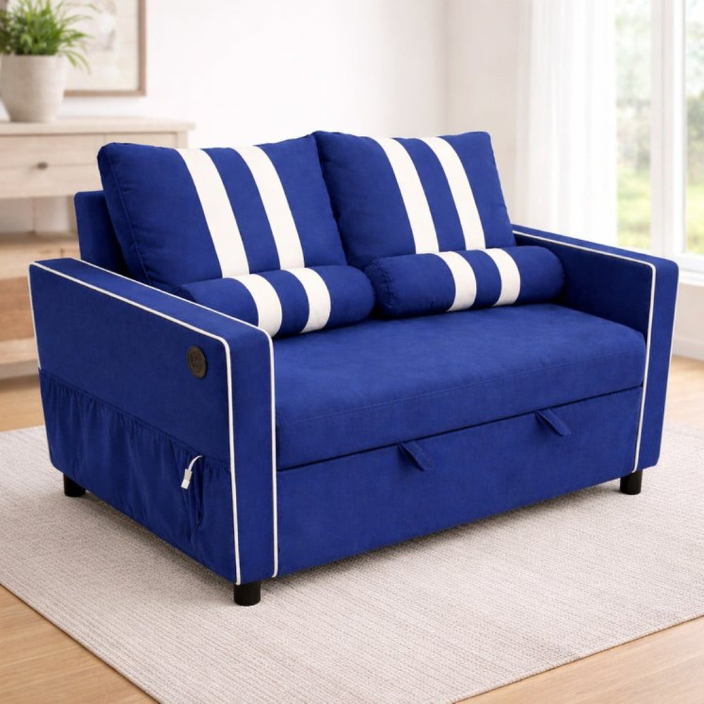 English Elm 2 Seater Blue Fabric Sleeper Loveseat with USB Port and Adjustable Recline W1867S00019