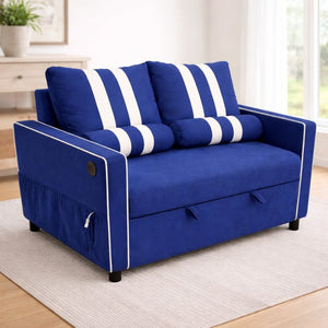English Elm 2 Seater Blue Fabric Sleeper Loveseat with USB Port and Adjustable Recline W1867S00019