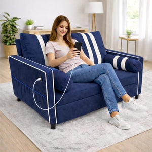 English Elm 2 Seater Blue Fabric Sleeper Loveseat with USB Port and Adjustable Recline W1867S00019