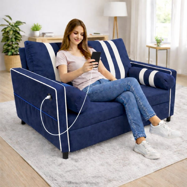 English Elm 2 Seater Blue Fabric Sleeper Loveseat with USB Port and Adjustable Recline W1867S00019