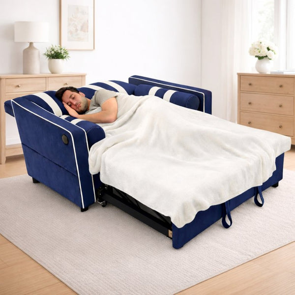 English Elm 2 Seater Blue Fabric Sleeper Loveseat with USB Port and Adjustable Recline W1867S00019
