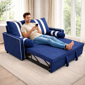 English Elm 2 Seater Blue Fabric Sleeper Loveseat with USB Port and Adjustable Recline W1867S00019