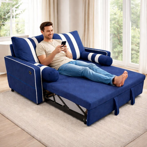 English Elm 2 Seater Blue Fabric Sleeper Loveseat with USB Port and Adjustable Recline W1867S00019