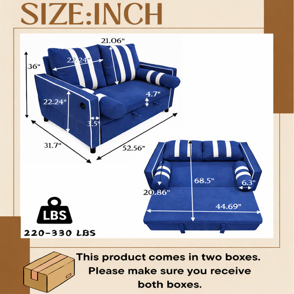English Elm 2 Seater Blue Fabric Sleeper Loveseat with USB Port and Adjustable Recline W1867S00019