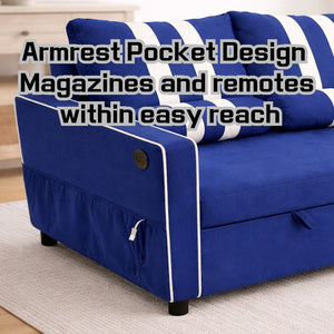 English Elm 2 Seater Blue Fabric Sleeper Loveseat with USB Port and Adjustable Recline W1867S00019