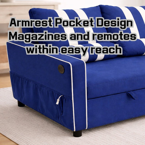 English Elm 2 Seater Blue Fabric Sleeper Loveseat with USB Port and Adjustable Recline W1867S00019