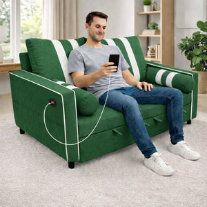 English Elm Green Convertible Sleeper Sofa with USB Charging Armrest and Storage for Small Spaces W1867S00021