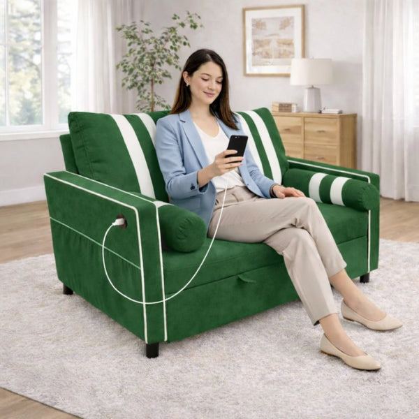 English Elm Green Convertible Sleeper Sofa with USB Charging Armrest and Storage for Small Spaces W1867S00021