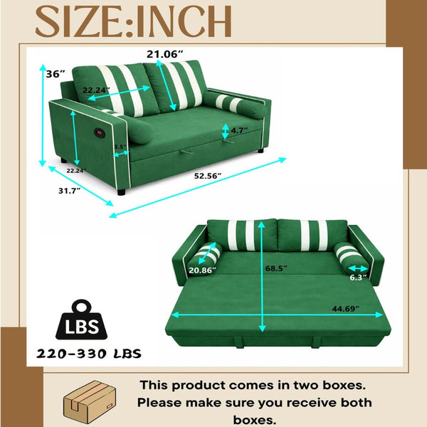 English Elm Green Convertible Sleeper Sofa with USB Charging Armrest and Storage for Small Spaces W1867S00021