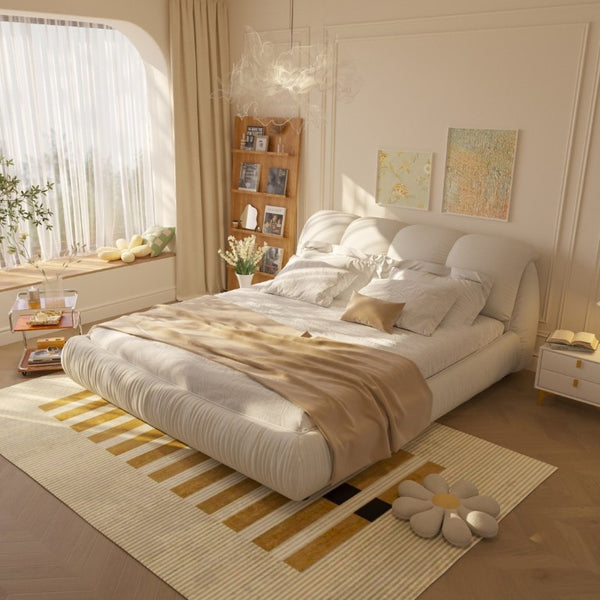 English Elm King Upholstered Platform Bed Pleated Polyester Headboard Pine Slat Frame No Box Spring W1885P192584