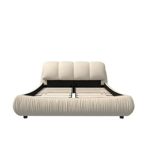 English Elm King Upholstered Platform Bed Pleated Polyester Headboard Pine Slat Frame No Box Spring W1885P192584