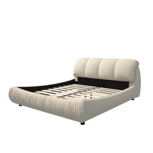 English Elm King Upholstered Platform Bed Pleated Polyester Headboard Pine Slat Frame No Box Spring W1885P192584