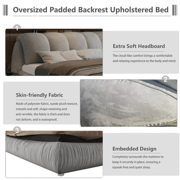 English Elm King Upholstered Platform Bed Pleated Polyester Headboard Pine Slat Frame No Box Spring W1885P192584