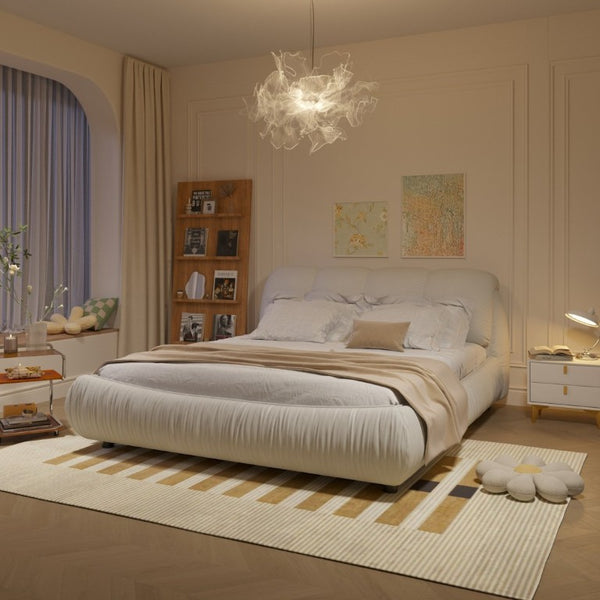 English Elm King Upholstered Platform Bed Pleated Polyester Headboard Pine Slat Frame No Box Spring W1885P192584