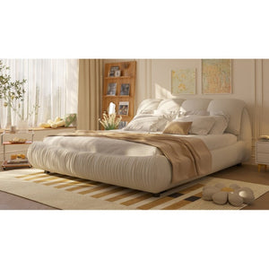 English Elm King Upholstered Platform Bed Pleated Polyester Headboard Pine Slat Frame No Box Spring W1885P192584