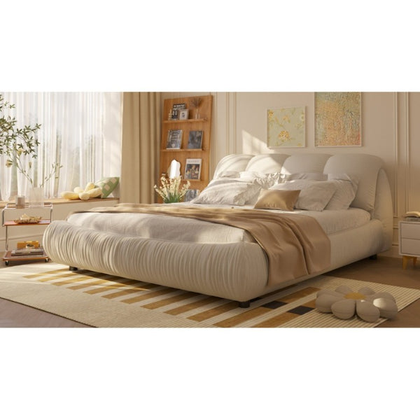 English Elm King Upholstered Platform Bed Pleated Polyester Headboard Pine Slat Frame No Box Spring W1885P192584