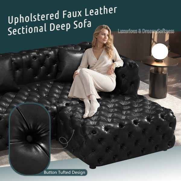 English Elm Faux Leather Modular Sectional Sofa with Italian Button Tufted Design and 26 Layouts Black W1885P510000